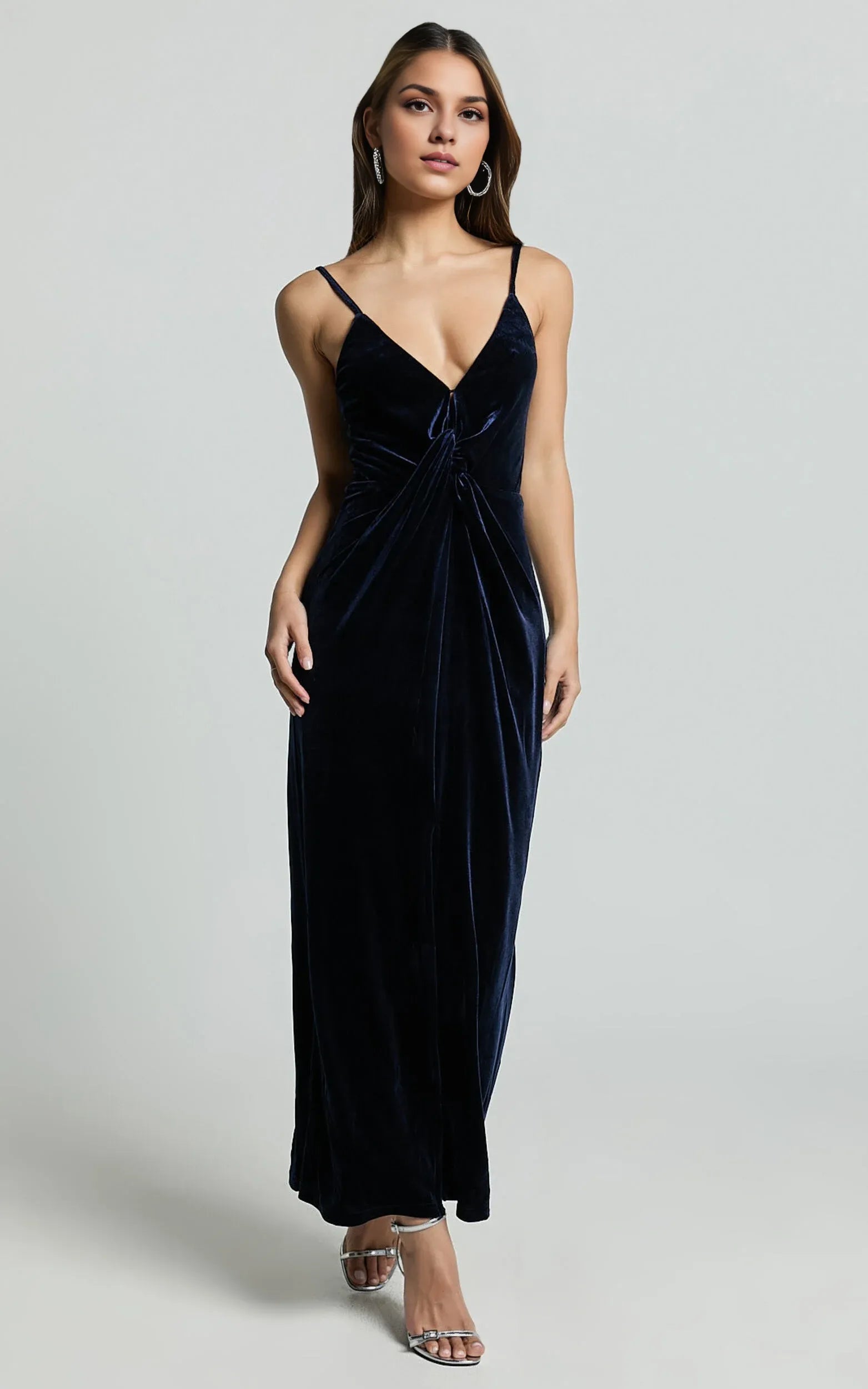 Vestido Weitese de moda con abertura en el muslo y giro frontal de terciopelo, vestido midi azul marino con tirantes finos, cuello en V, vestido de noche sin mangas